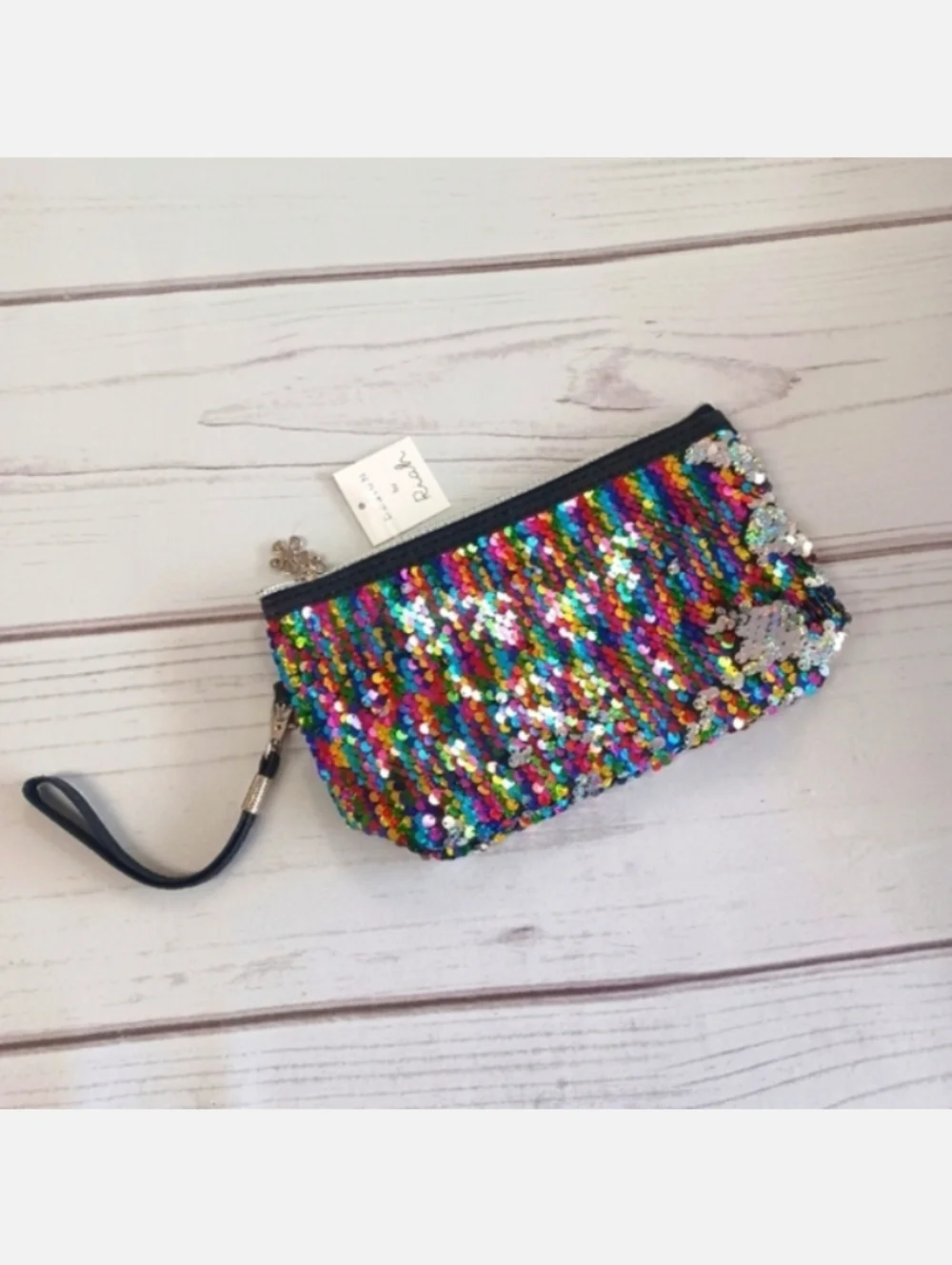 RIAH Fashion Rainbow Multi Colored Sequin Silver Transition Makeup Wristlet Bag